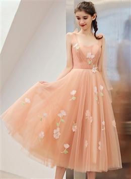 Picture of Lovely Pearl Pink Tulle Tea Length Wedding Party Dress with Flowers, Pink Formal Dress